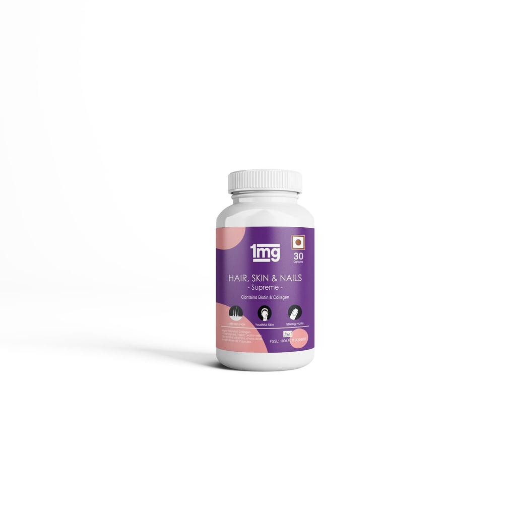Tata 1mg Hair, Skin & Nails Supreme Biotin Capsule with Collagen, Zinc, Iron And Vitamin B Helps In Making The Hair Strong And Lustrous For Unisex (Pack Of 30 Capsules)