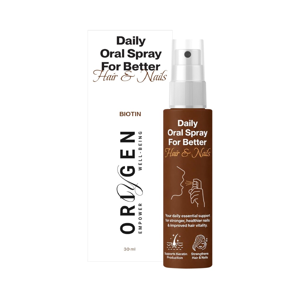 Oriygen Biotin Oral Mouth Spray | Stronger Hair, Skin & Nails | Quick Absorption with Liposomal Technology | Biotin (Vitamin B12) + Vitamin D3 | 30ml – 2 Months Supply