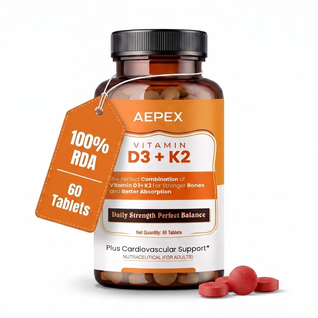 60 Tablets Vitamin D3 + K2 Tablets | Supports Bone, Heart & Immune Health | Enhanced Calcium Absorption & Utilization | Better Absorption Formula | Daily Wellness Supplement