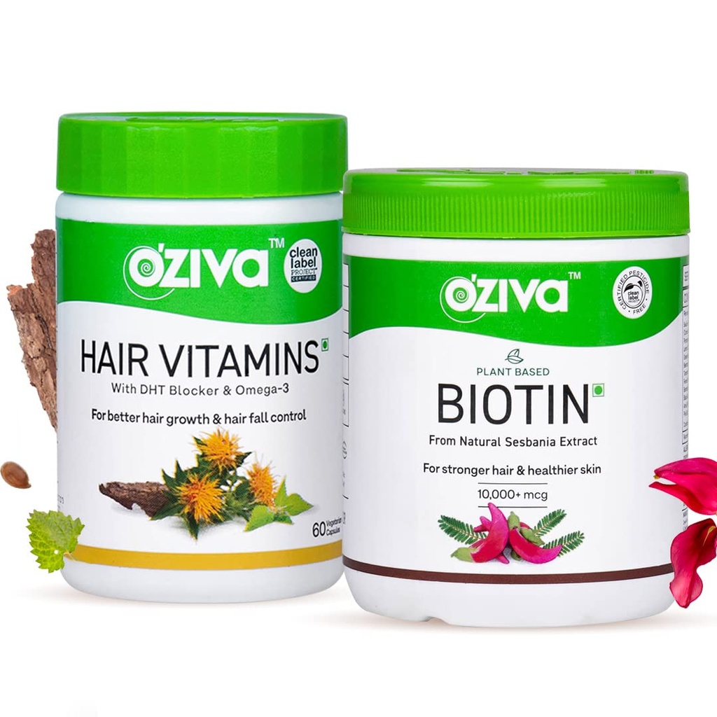 OZiva Hair Vitamins +Plant Based Biotin Powder for Hairfall, Combo Pack
