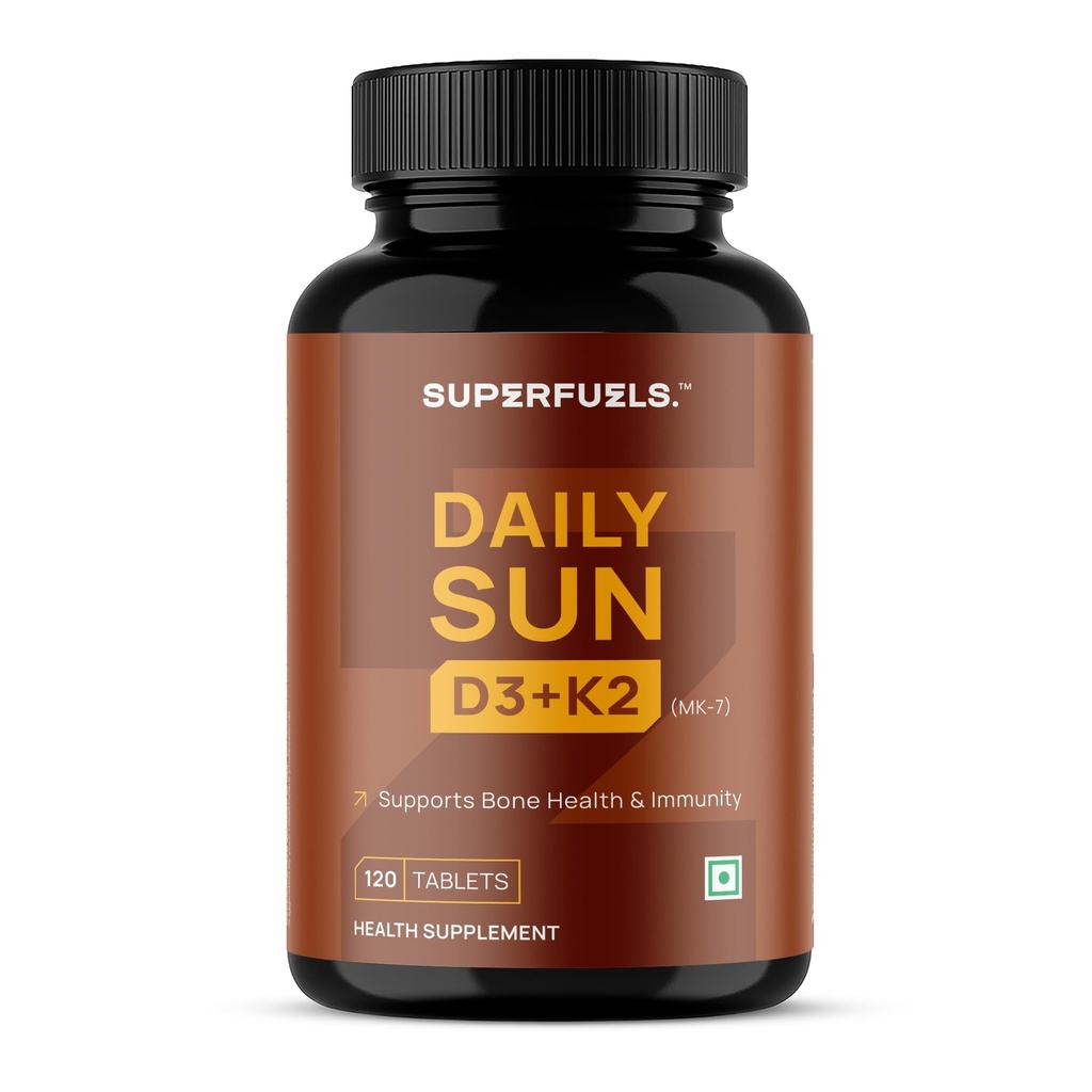 DAILY SUN Vitamin D3 K2 Supplement | Vitamin D Supplement with Vitamin K2 Mk7 | Supports Bone Health & Immunity | 120 Tablets