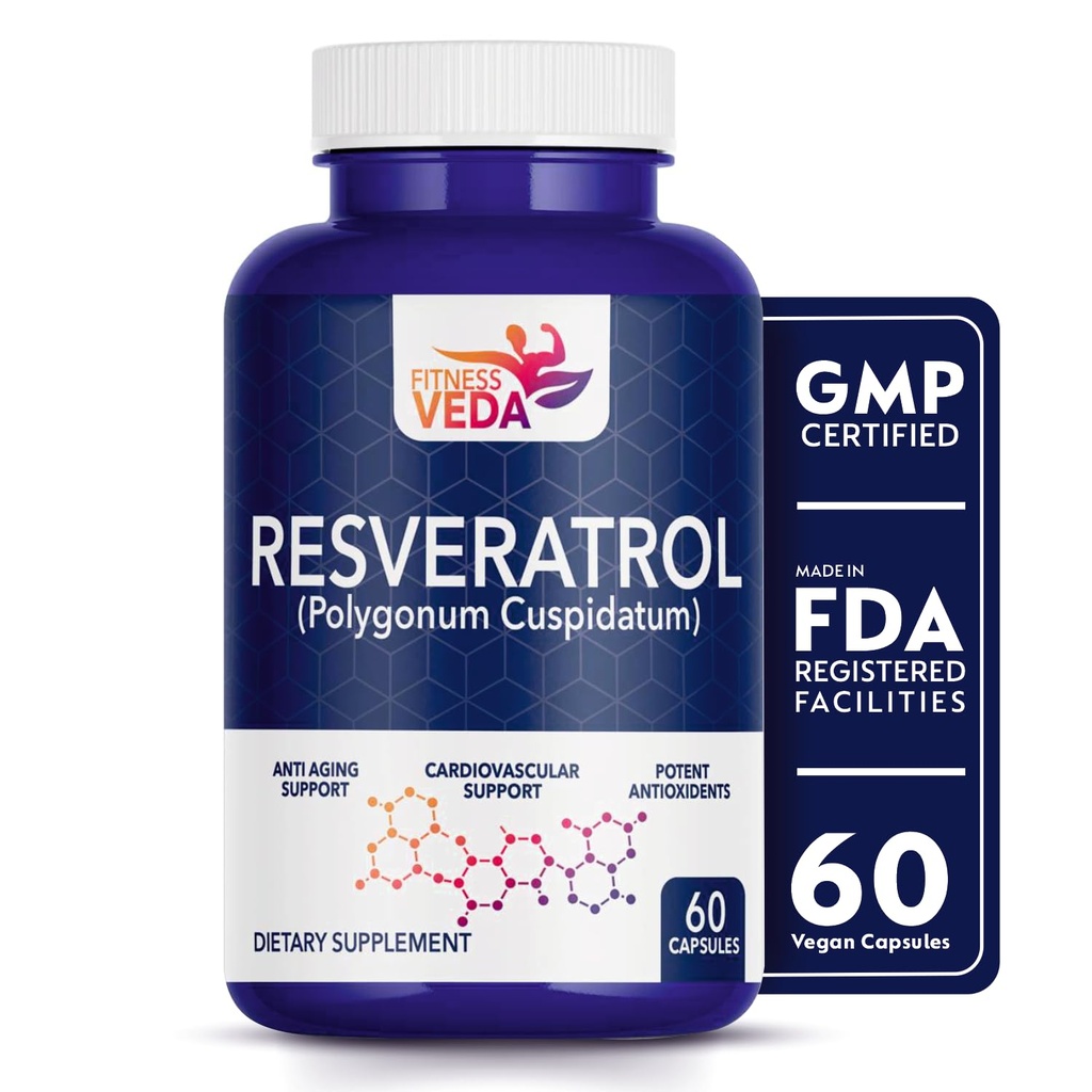FITNESS VEDA Trans Resveratrol 99.9% Pure 500mg Supplement Slow down Aging | Anti-Inflammatory | Improves Metabolism and Heart health (60 Veg Capsules)