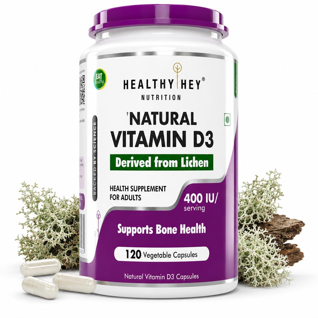 HealthyHey Vitamin D3 | 100% Vegetarian Natural & Plant-Based | Benefits Bone Health | 400 IU - 120 Veg Capsules | 4-month supply