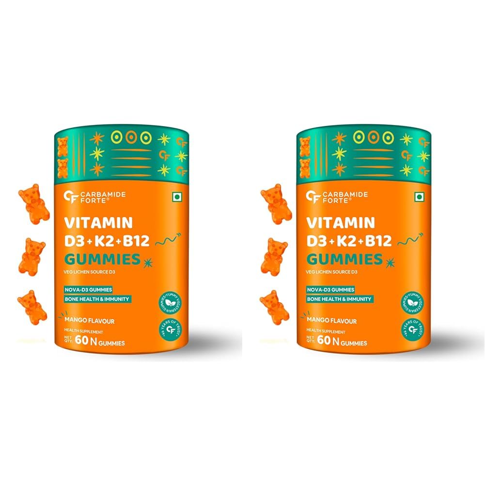 Carbamide Forte Vitamin D3 with Vitamin K2 MK7 & Vitamin B12 Gummies for Men, Women & Kids | Mango Flavoured - 60 Gummies (Pack of 2)
