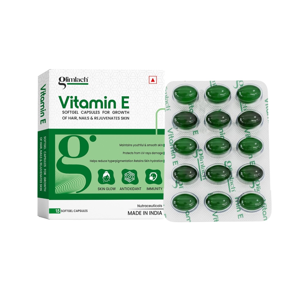 GLIMLACH Vitamin E Capsule for Glowing Face, Skin and Hair Nutrition, Vitamin E Capsule Pack with Nutrient-Rich Formulation for Face Care, Skin Care and Hair Care (15 Capsules Each) (Pack of 7)