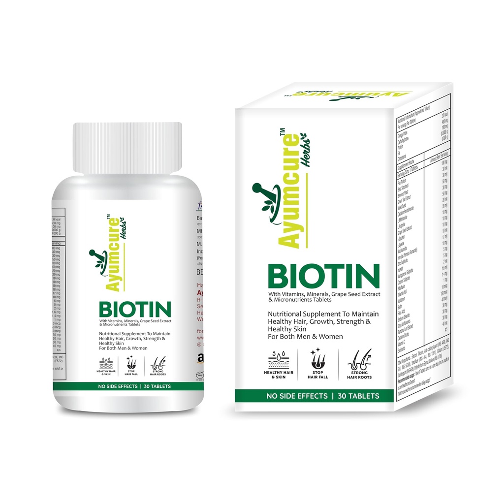 Ayumcure Biotin Tablets for Hair Growth & Skin Health | 30 Tablets | With Grape Seed Extract, Vitamins & Minerals | Supports Hair Strength, Glowing Skin & Nail Health | For Men & Women