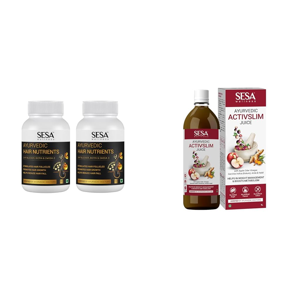 SESA Ayurvedic Hair Vitamins Biotin Tablets DHT Blocker 60 Capsules (Pack of 2) Plant based Gluten | SESA Ayurvedic Activslim Juice - 1L | Helps in Weight Management | Made with Apple Cider Vinegar |