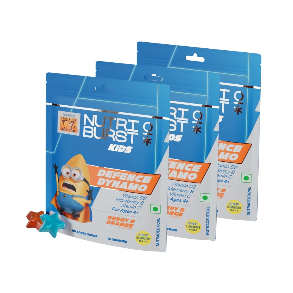 Nutriburst Defence Dynamo Minions Kids Gummies - Immune Boost with Vit D, Vit C, & Black Elderberry Extract - Chewable Vegan Supplement For Kids Aged 4+, 3 Packs (10 N Each)
