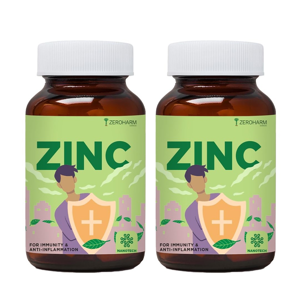 ZEROHARM Zinc Tablets | Guava Leaves Extract | 600mg per Serving | Nano Formulated Zinc For High Absorption | Immunity, Skin, Hair, Bone, Vision & Cognitive Health | For Men & Women | 120 Veg Tablets