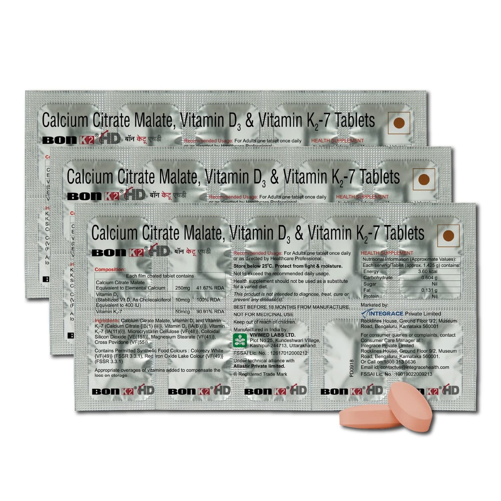 Bon K2 Hd With Advanced Calcium 10 capsules| Enriched With Calcium Citrate Malate, Vitamin D3 And Vitamin K2-7, Multivitamin Supplements For Men & Women, 3 count