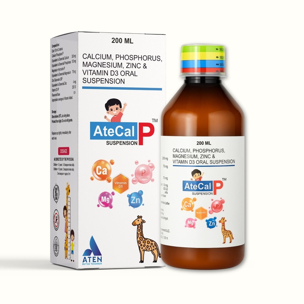 AteCal P Suspension | Calcium, Phosphorus, Magnesium, Zinc & Vitamin D3 Syrup | Bone Strength, Growth & Immunity Support | 200 ml