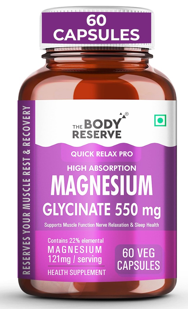 The Body Reserve Magnesium Glycinate Supplement - 60 Vegetable Capsules, 550mg Per Serving, High Absorption Chelated Form - Supports Muscle & Nerve Health, Relaxation for Men & Women