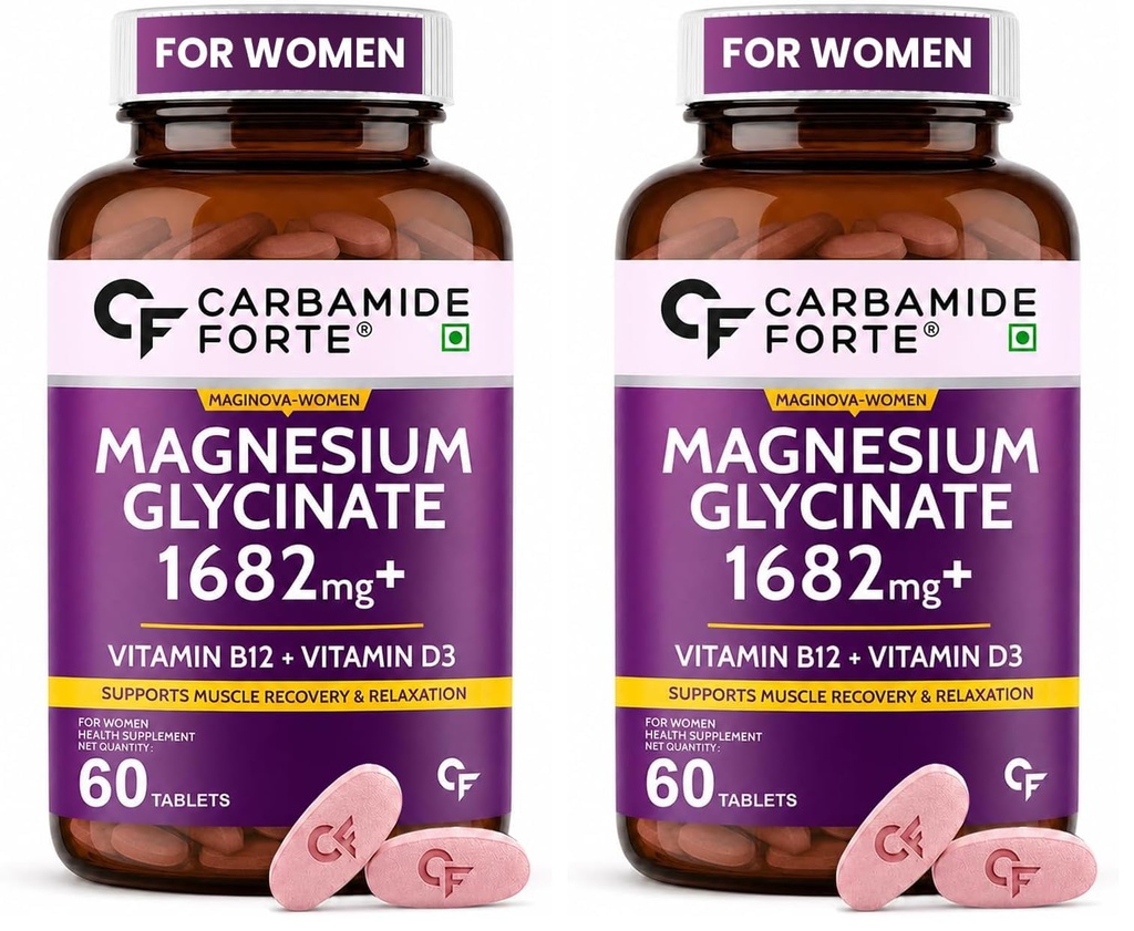 Carbamide Forte Magnesium Glycinate for Women 1682mg | Magnesium supplement for women with Vitamin D3 & B12 | High Absorption Formula For Muscle Recovery, Sleep & Bone Health | 60 Veg Tablets