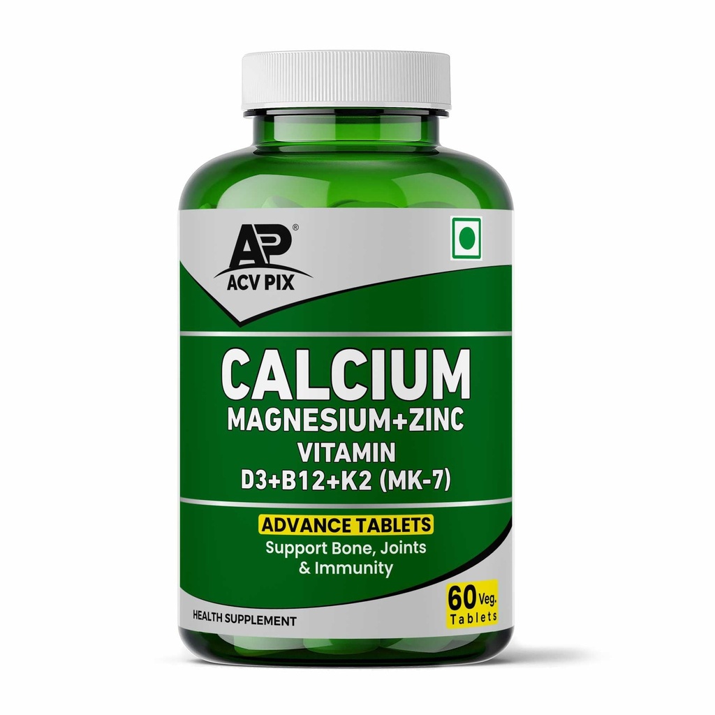 Calcium Magnesium Zinc with Vitamin D3 K2 B12 Tablets | Calcium Supplement for Bone Health, Joint Support & Muscle Strength | For Men & Women (60 Tablets)