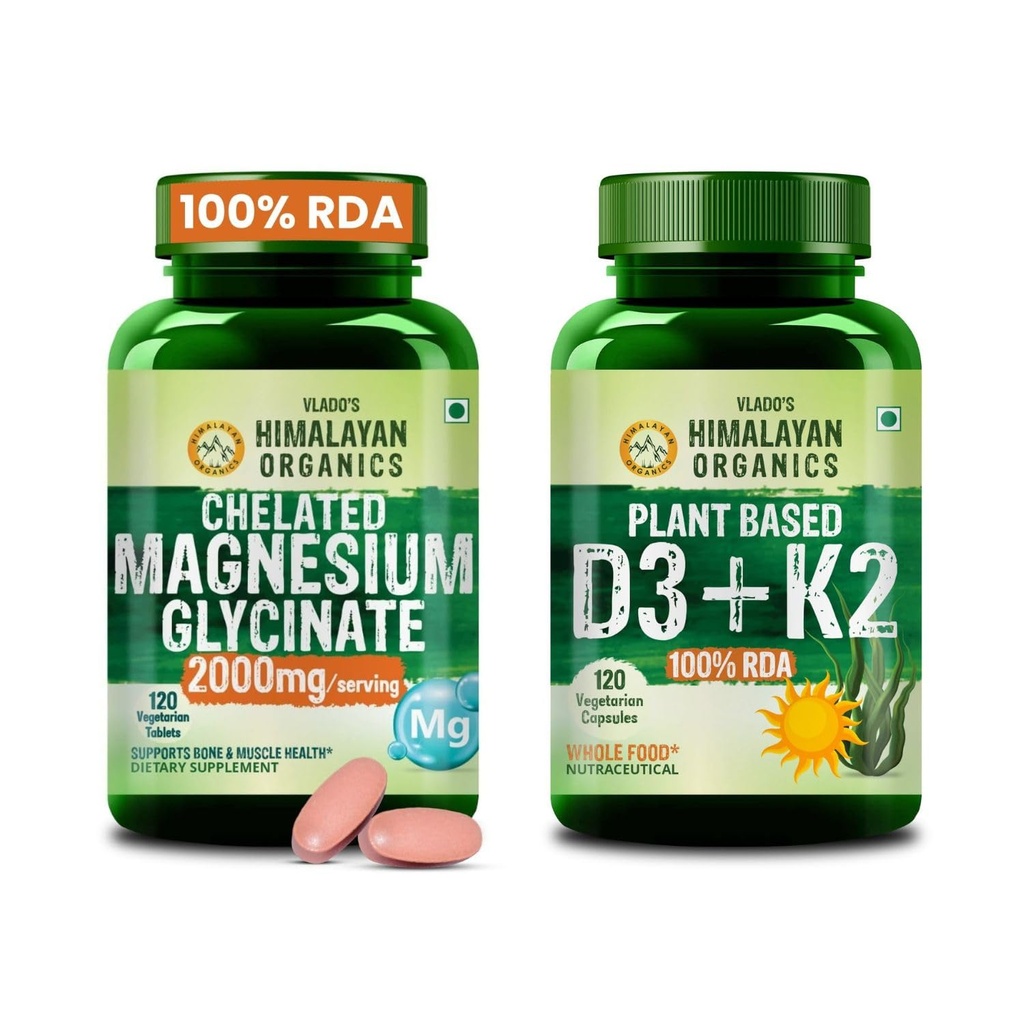 Vlado's Himalayan Organics Chelated Magnesium Glycinate + Plant Based Vitamin D3 K2 Combo | 2000mg Magnesium Glycinate & Vegan D3 600 IU with MK7 | Daily Wellness Support | 120 Tablets + 120 Capsules