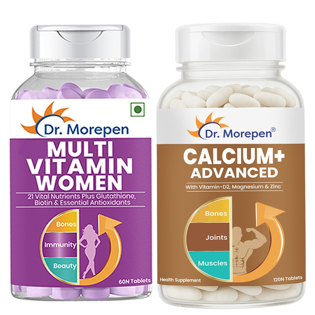 Dr. Morepen Calcium+ Advanced with Vitamin D2, Magnesium & Zinc + Multivitamin for Women with Calcium, Vitamin D3 & 21 Nutrients | Bone, Energy & Daily Wellness Combo