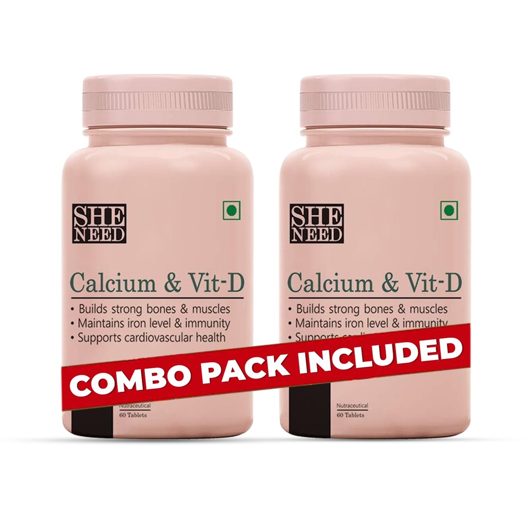 SheNeed Calcium & Vitd3 Supplement For Bone & Muscle Health, Immunity Booster With Magnesium, Zinc & Iron For Men & Women Veg Tablets, 60 count
