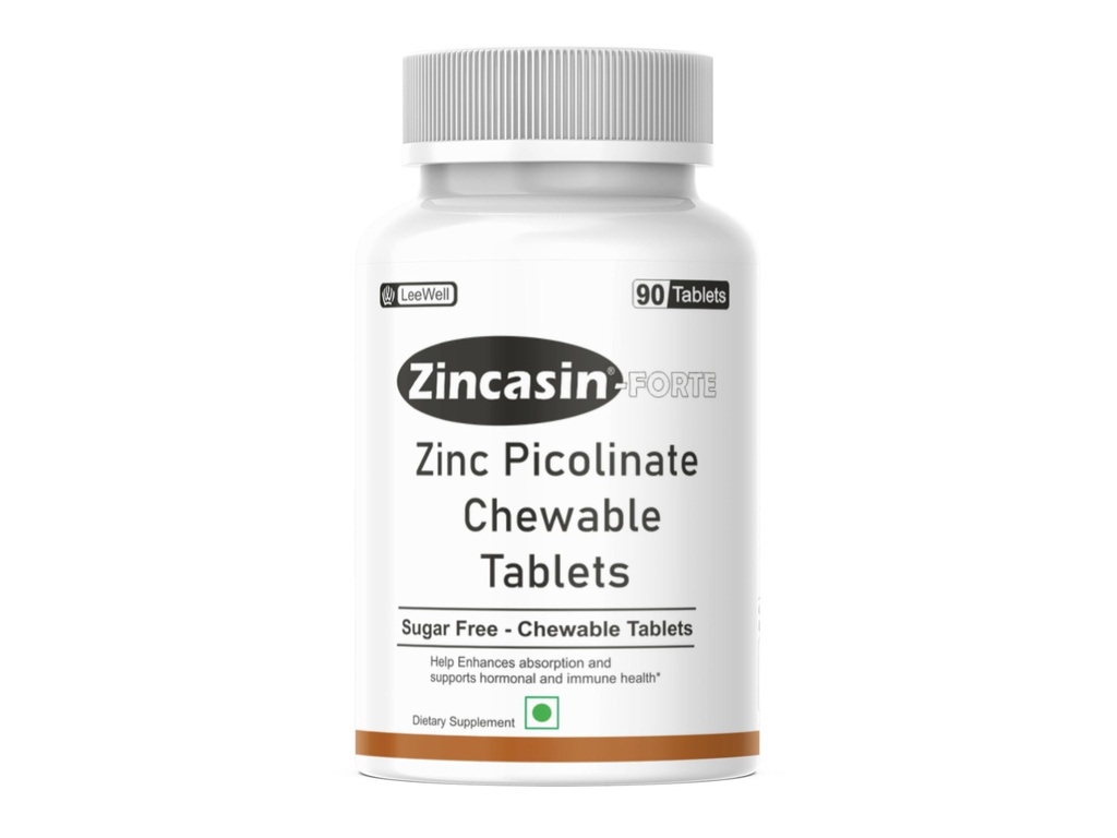 Zincasin Forte (LeeWell) Chewable Zinc Picolinate Supplements | High Strength Zinc Supplements, Best Tablet for Immune Support, Bones, Hair, Skin, Nails, Supplement for Men & Women - 90 Sugar-Free Tablets