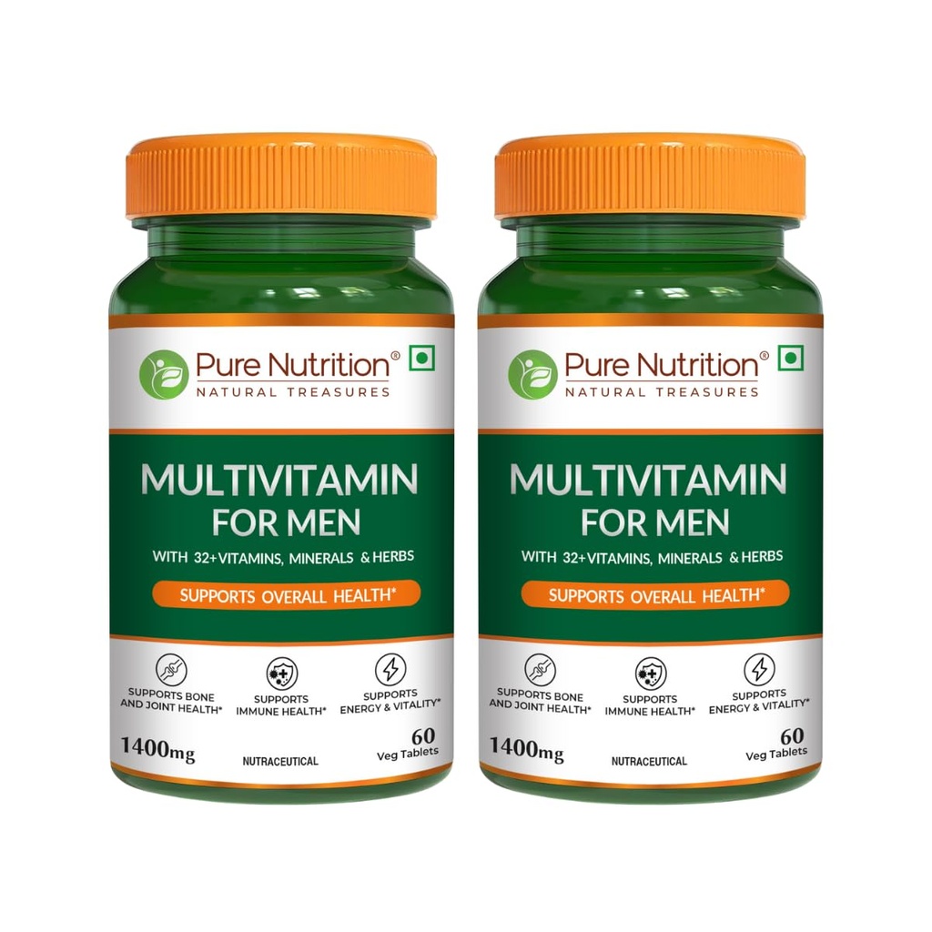 Pure Nutrition Multivitamin for Men 1400mg | 120 Veg Tablets (60x2) | Multivitamin Tablet for Men with 32+ Vitamins, Minerals & Herbs | Biotin, Ginseng, Moringa & Green Tea | Supports Immunity, Energy & Bone Health