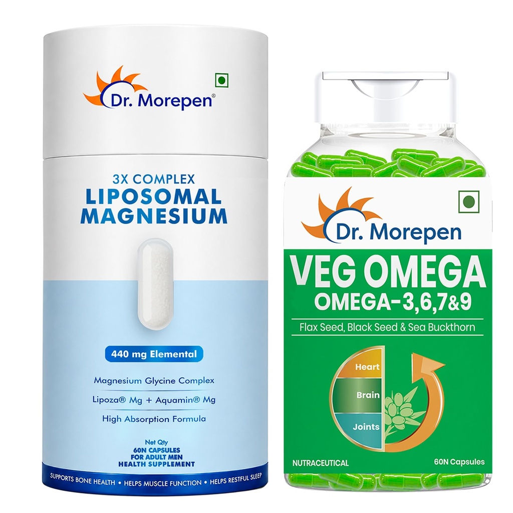 Dr. Morepen Liposomal Magnesium Complex 440mg with Aquamin®, Magnesium Glycinate, Vitamin D2, K2-7, B6 & B12 + Veg Omega 3 6 7 9 500mg with Sea Buckthorn, Flax Seed & Black Seed | Daily Wellness Combo