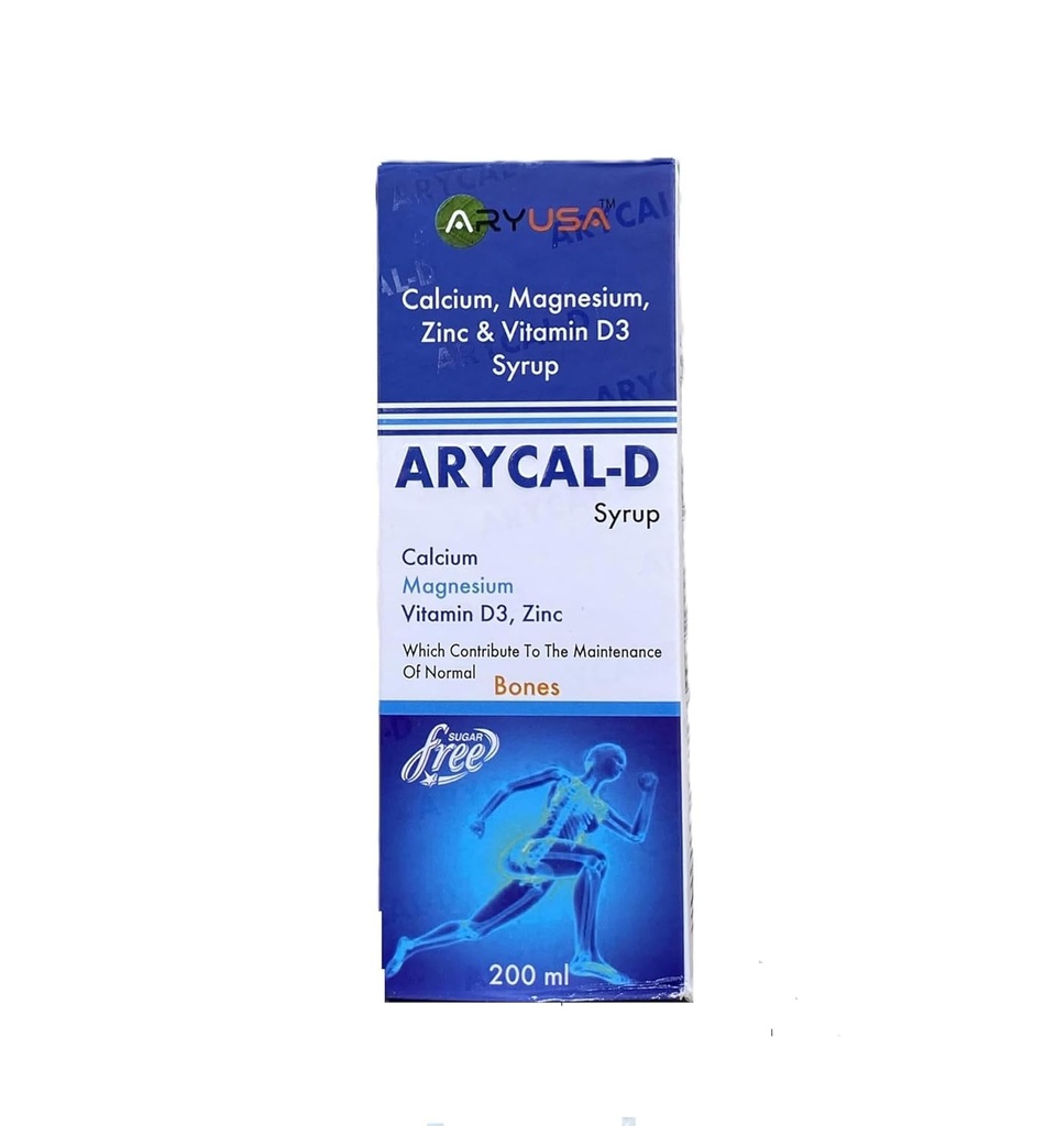 ARYCAL-D Syrup with Calcium, Magnesium, Zinc & Vitamin D3, Sugar-Free, Bone Health, 200 ml (Pack of 1)
