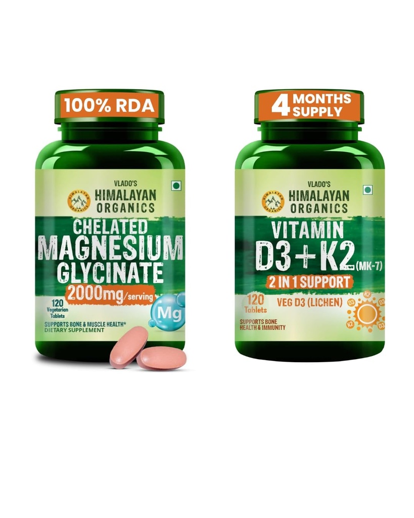 Vlado's Himalayan Organics Chelated Magnesium Glycinate 2000mg + Vitamin D3 K2 600 IU + 55mcg MK7 Supplement for Men & Women | Sleep, Muscle Recovery, Bone & Immunity Support - 120 Veg Tablets