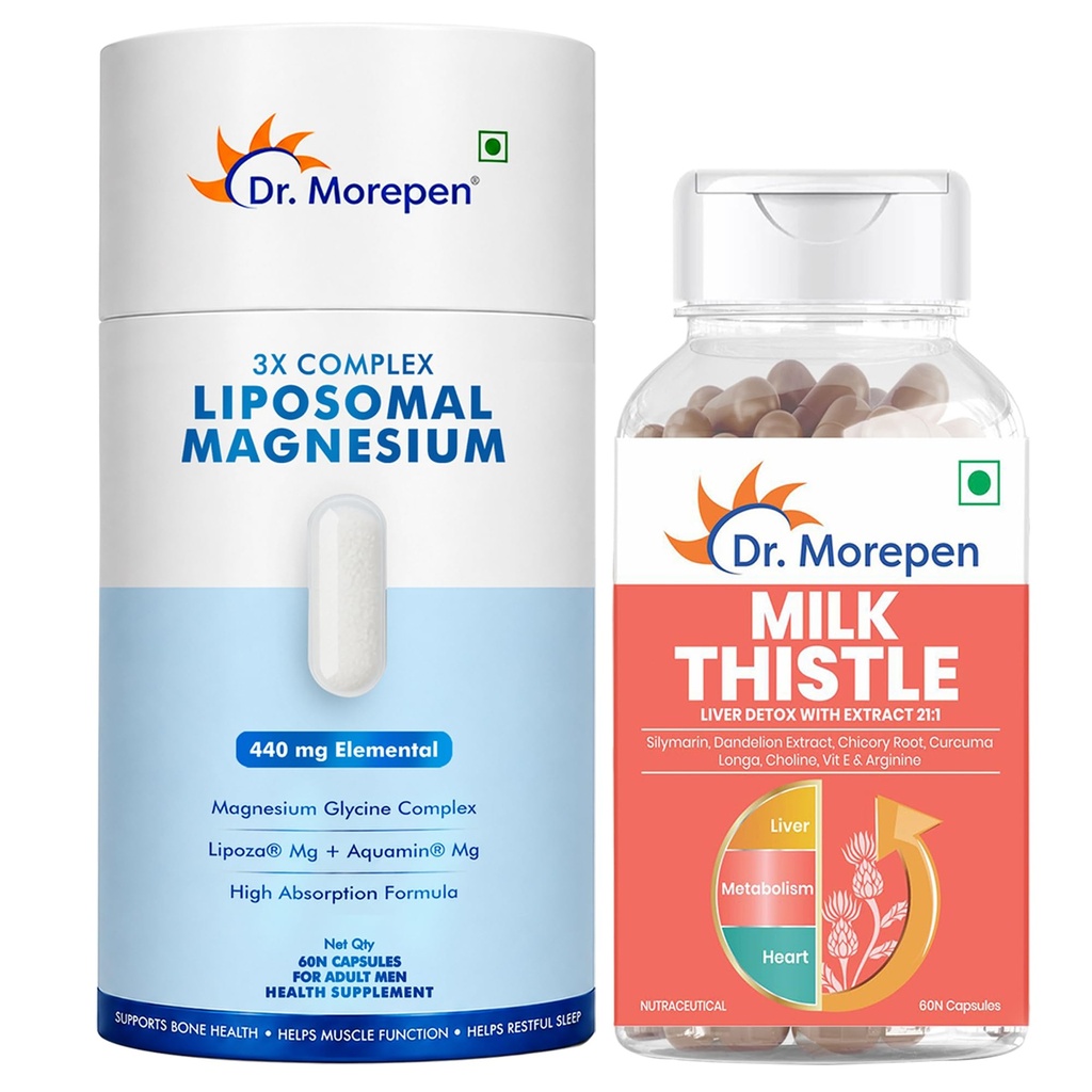 Dr. Morepen Liposomal Magnesium Complex 440mg with Aquamin®, Magnesium Glycinate, Vitamin D2, K2-7, B6 & B12 + Milk Thistle Capsules for Men & Women | Daily Wellness Combo Pack