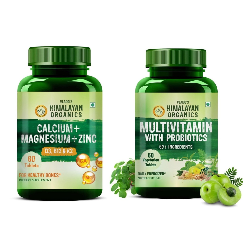Vlado's Himalayan Organics Calcium Magnesium Zinc with Vitamin D3 + K2 & Multivitamin with Probiotics Combo | Bone, Joint & Daily Wellness Support | 60 Tablets + 60 Veg Tablets | For Men & Women