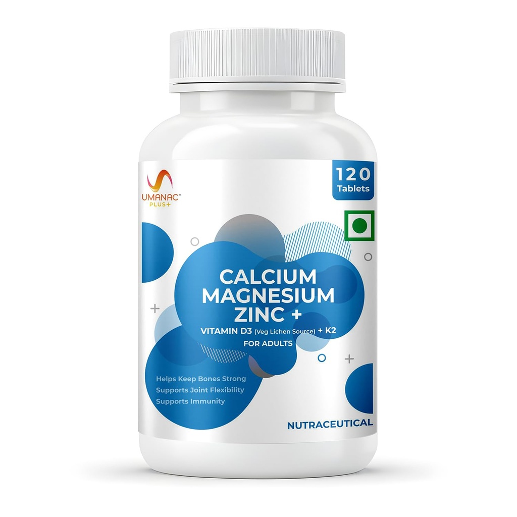Umanac Plus Calcium Magnesium Zinc Supplement | 120 Tablets with Vitamin D3, K2 (MK-7) & B12 | Bone Strength, Joint Health, Calcium Absorption & Immunity Support | Daily Supplement for Men & Women