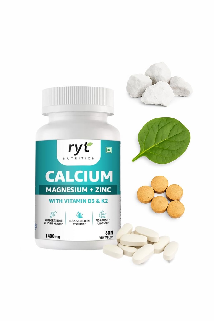 Calcium Tablets, With Magnesium Zinc & Vitamin D3 & K2 (1400mg) - 60 Veg Tablets | For Bone Health & Joint Support | Muscle Strength Supplement For Men & Women
