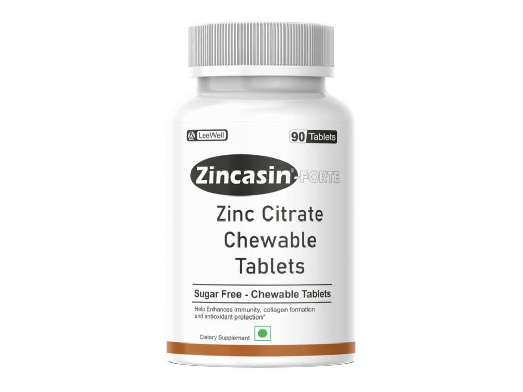 Zincasin Forte (LeeWell) Zinc Citrate Chewable Candy | Zinc Supplement for Immune Support, Skin Health, Hair & Nail Maintenance, Antioxidant & Normal Metabolism Support | Daily Zinc Supplements - 90 Count
