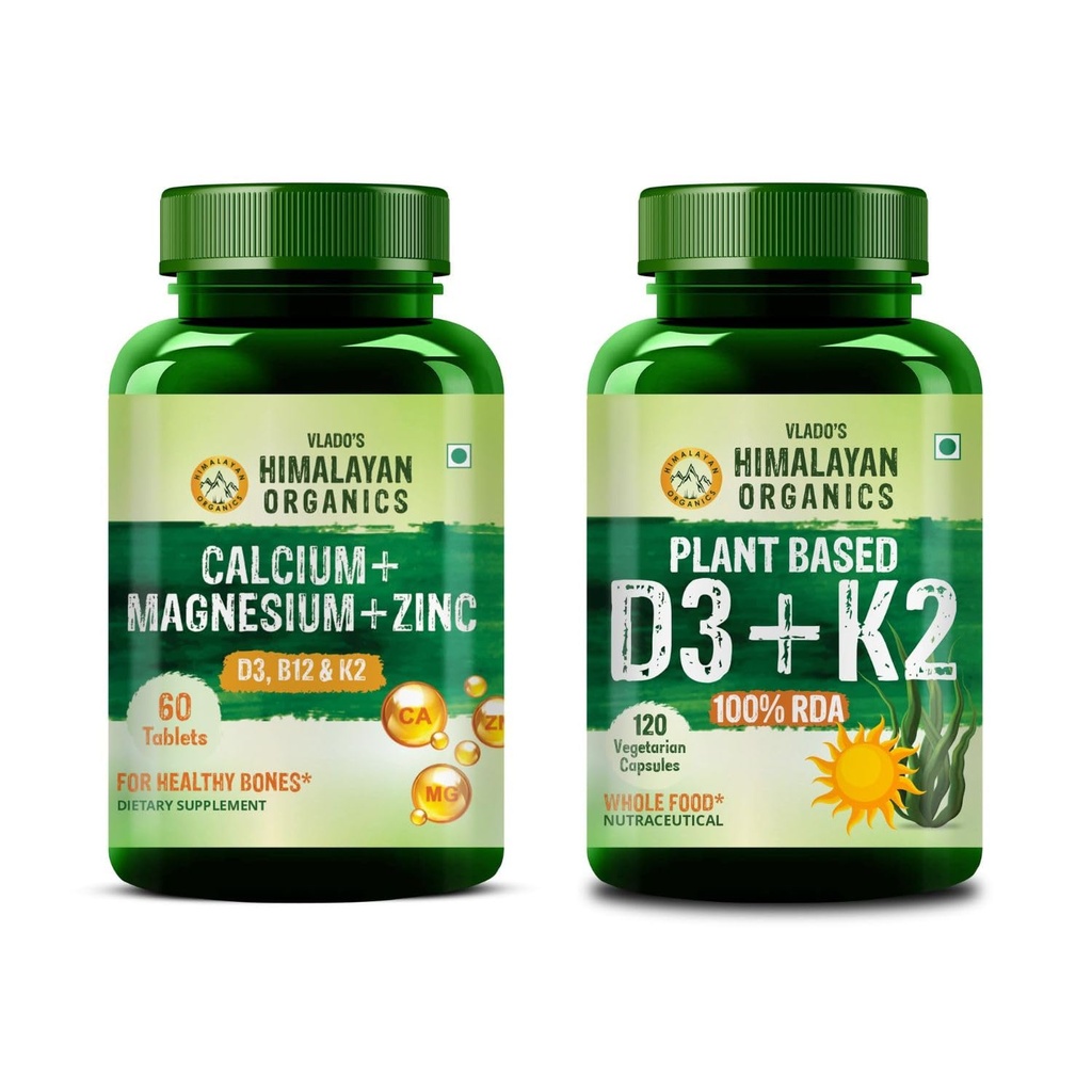 Vlado's Himalayan Organics Calcium Magnesium Zinc with Vitamin D3, B12 & K2 + Plant Based Vitamin D3 (Lichen) & K2 MK7 | Bone, Joint, Muscle & Immune Support | Vegetarian Combo Pack
