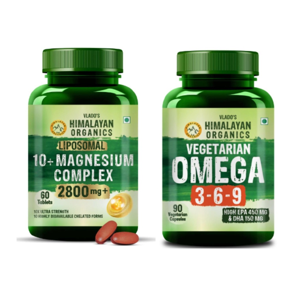 Vlado's Himalayan Organics Magnesium Complex 2800mg with 10 Chelated Salts + Plant-Based Omega 3 6 9 2000mg | Muscle, Bone, Energy & Daily Wellness Support | Veg Supplement Combo