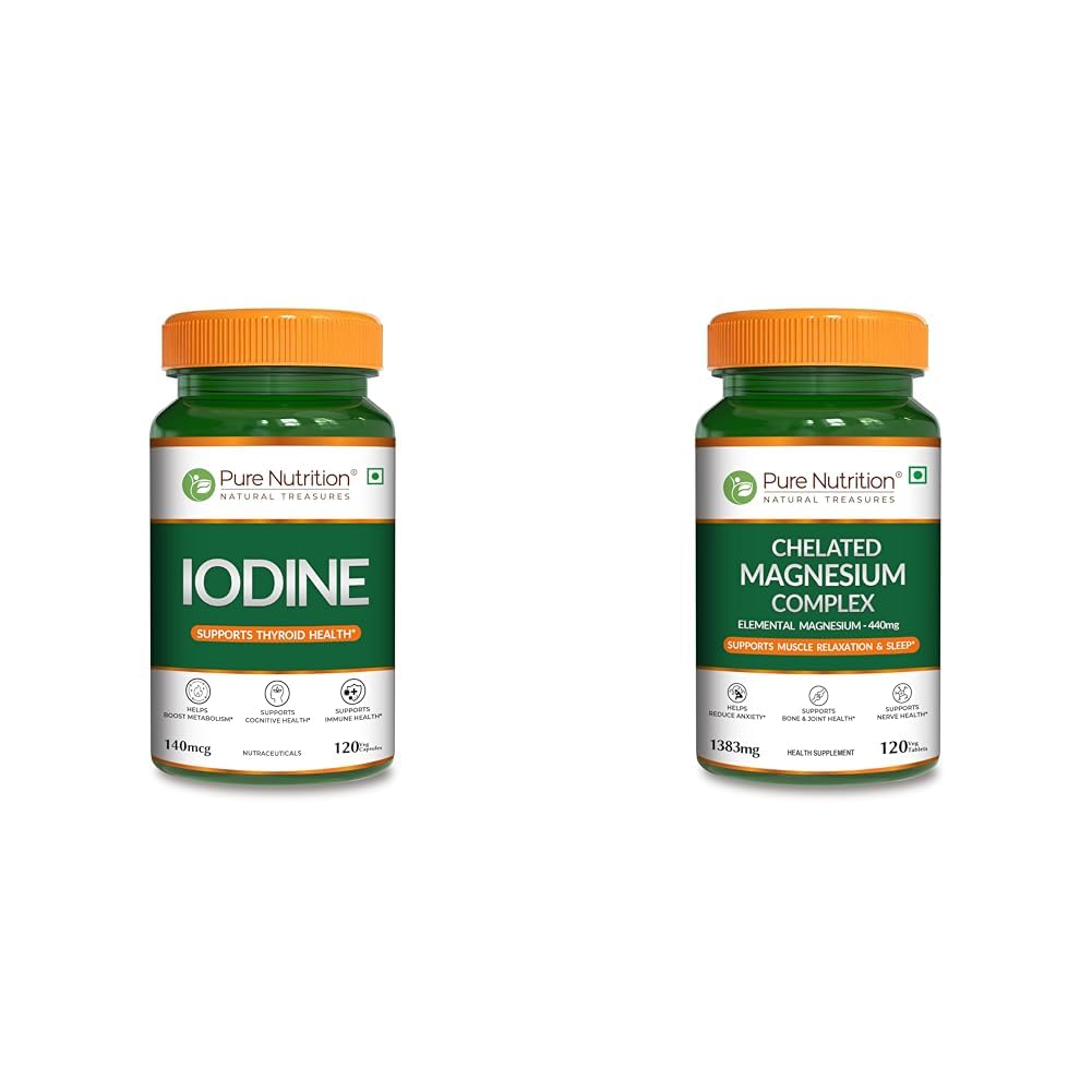 Pure Nutrition Iodine (140 mcg), 120 Veg Capsules | Thyroid Support Supplement for Men & Women | B | Pure Nutrition Chelated Magnesium Glycinate With Citrate & Oxide Supplement | Triple Magnesium Com