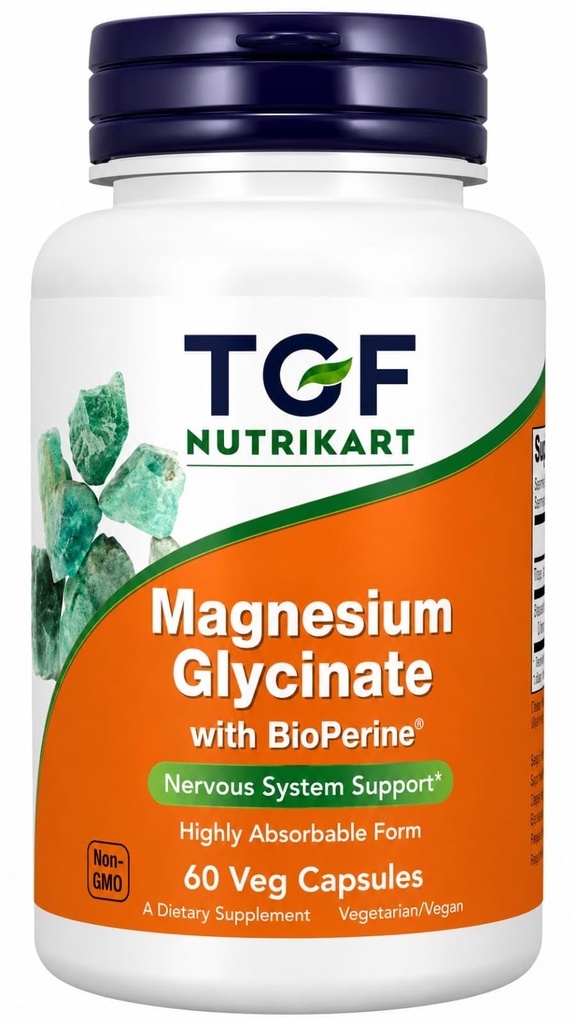Magnesium Glycinate with BioPerine® | 60 Veg Capsules | Highly Absorbable Magnesium Supplement | Supports Muscle Function, Nerve Function & Energy Metabolism | Vegetarian Capsules