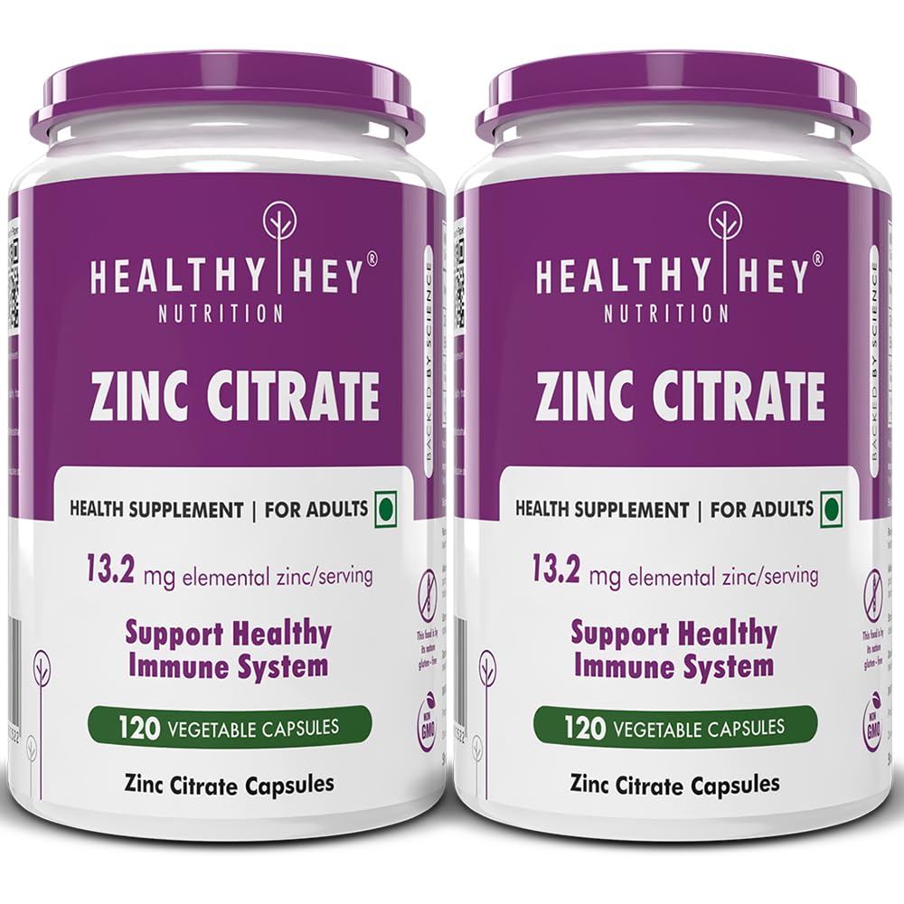 HealthyHey Nutrition Zinc Citrate, Supports Immune and Immunity - 120 Veg Capsules - Pack of 2