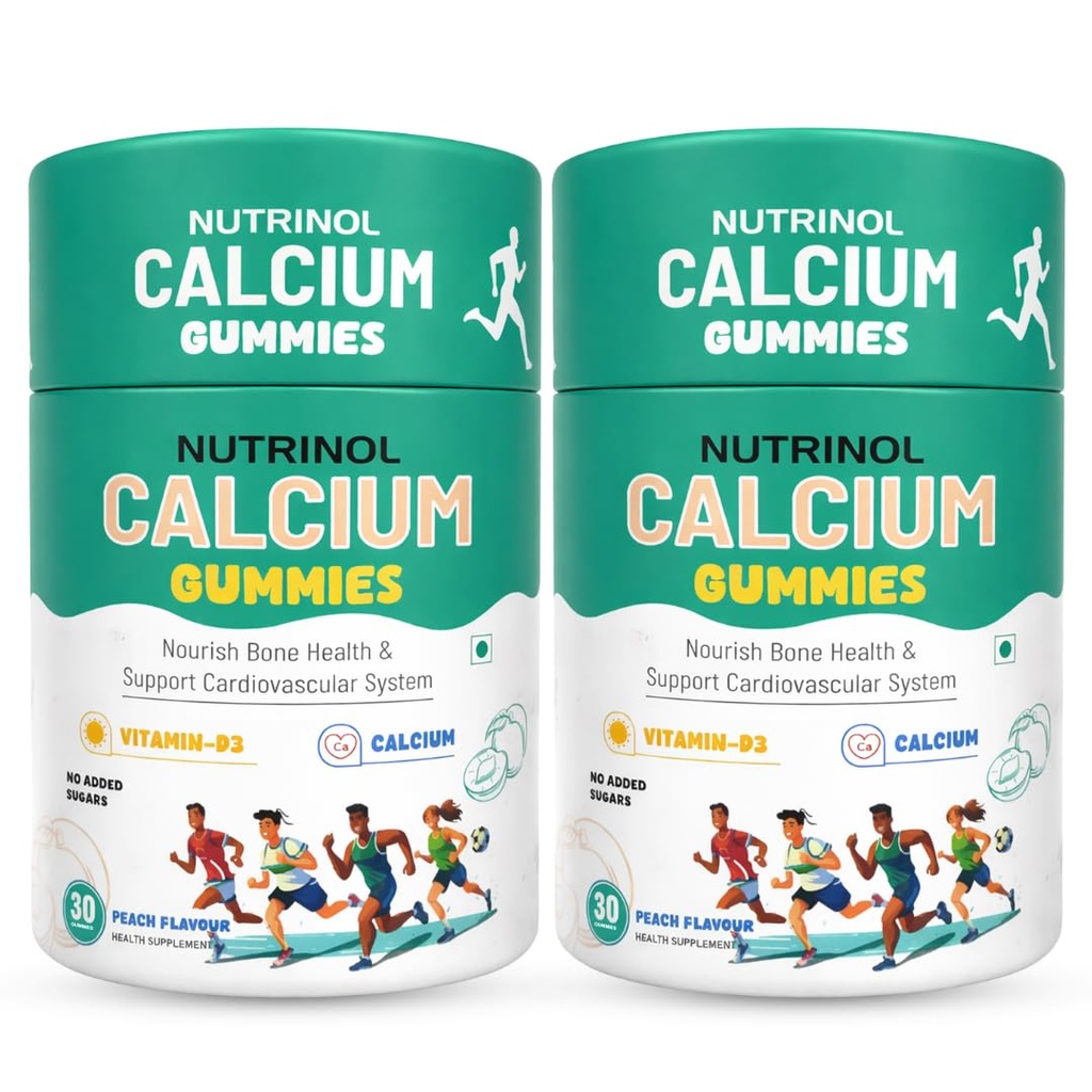 Knoll Healthcare Nutrinol Calcium Gummies with Vitamin D3 | Bone Health, Teeth Strength & Muscle Support | No Added Sugar | Peach Flavour Calcium Supplement for Men, Women & Kids | 60 Gummies