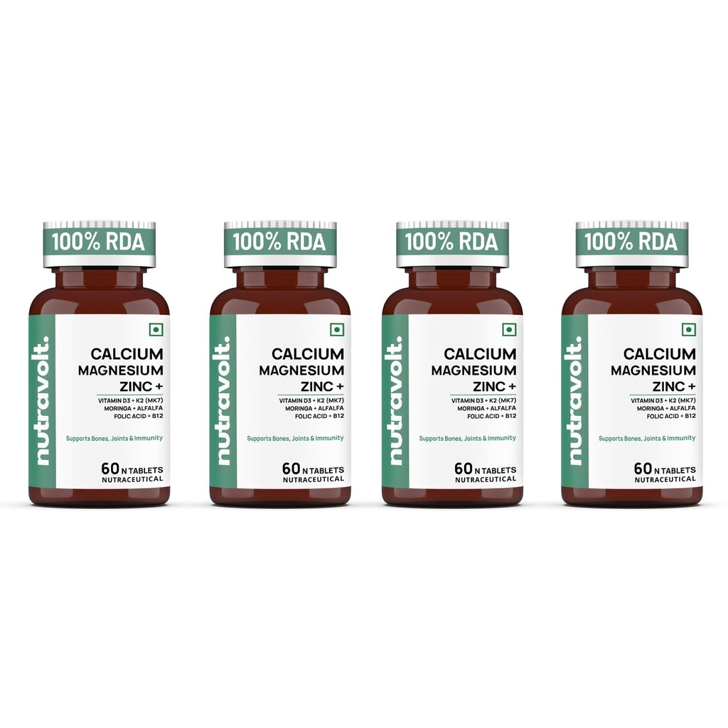Calcium Magnesium Zinc Tablets with Vitamin D3 & K2 (MK7), Moringa, Alfalfa, Folic Acid & B12 | Bone, Joint & Immunity Support | 60 Tablets (Pack of 4)