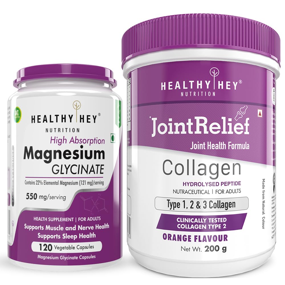 HealthyHey Nutrition Magnesium Glycinate 120 capsules & Joint relief Collagen Powder - Orange Flavour 200g