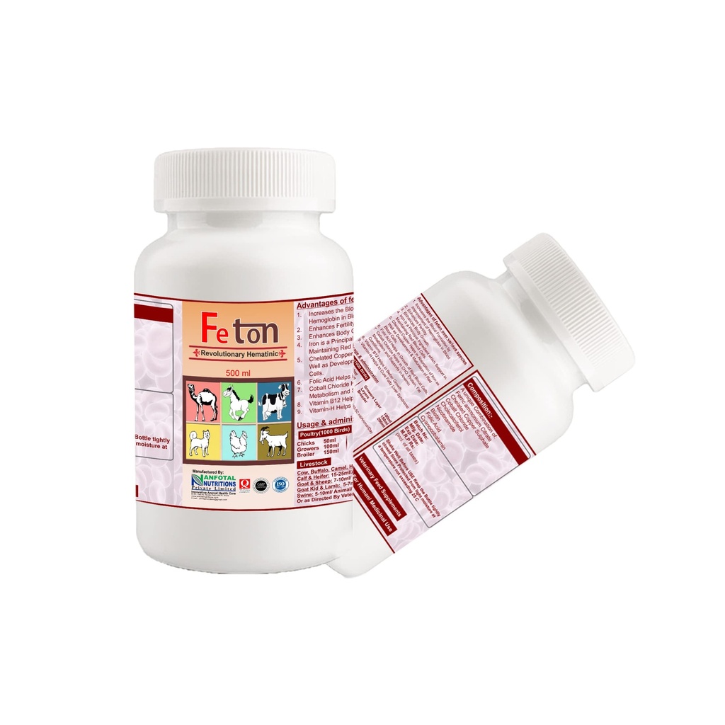 Feton Iron Tonic & Immunity Booster for Cow, Buffalo, Camel, Horse, Calf & Heifer, Goat & Sheep, Poultry, Swine, Cattle Feed Supplements Anfotal Nutritions (500 ml)