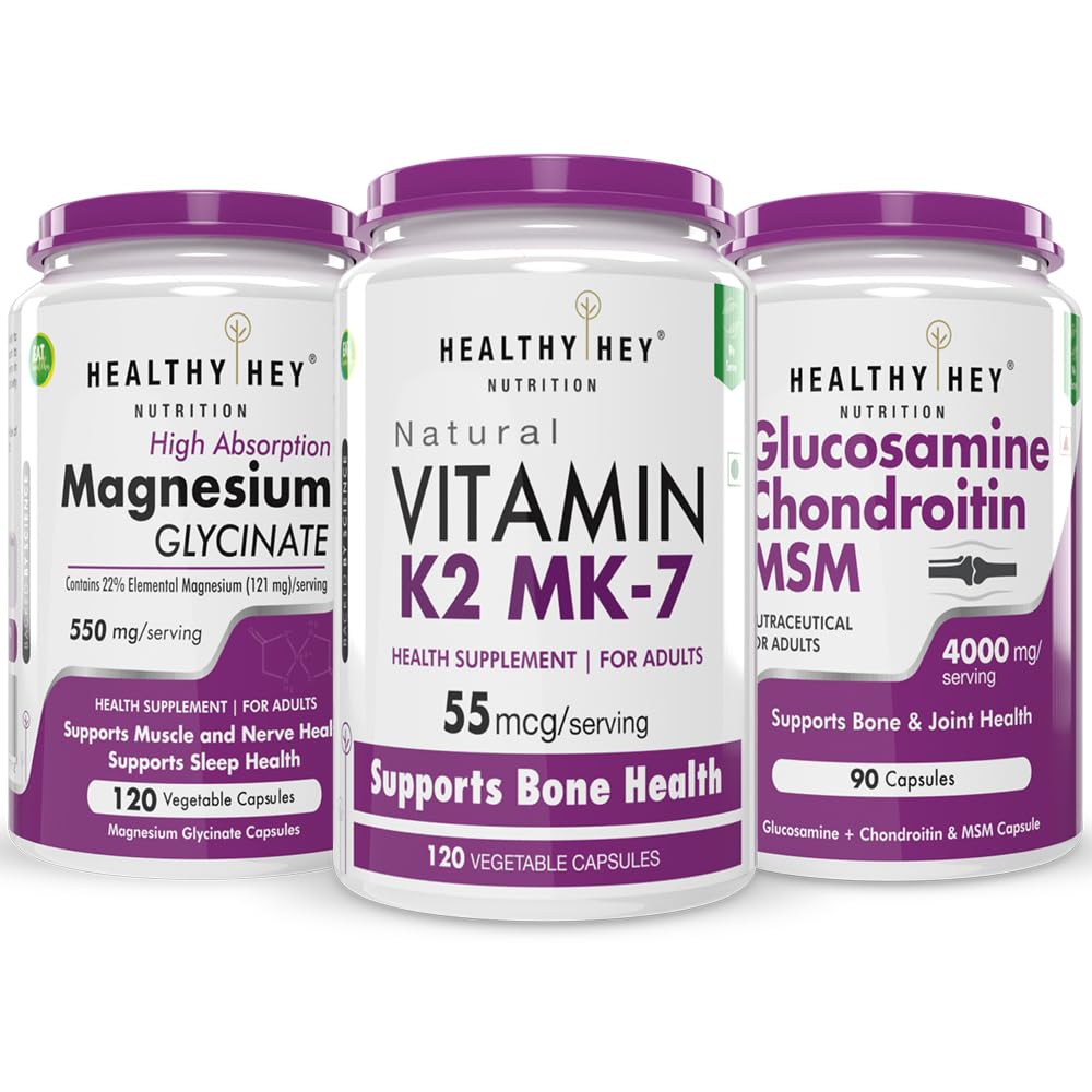 HealthyHey Nutrition Magnesium Glycinate 120 Capsules & Double Strength Glucosamine Chondroitin and MSM 90 + Vitamin K2 120 capsules