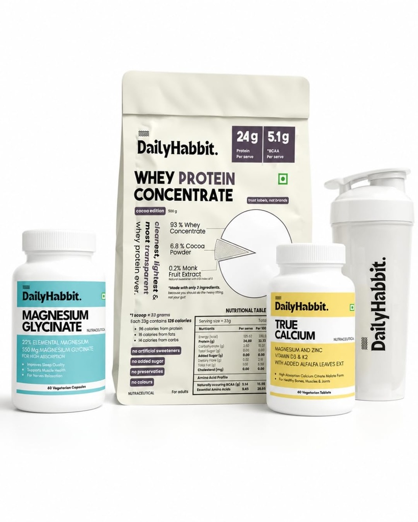 Muscle & Bone Health Bundle | Whey Protein + Magnesium Glycinate + True Calcium + Premium Shaker