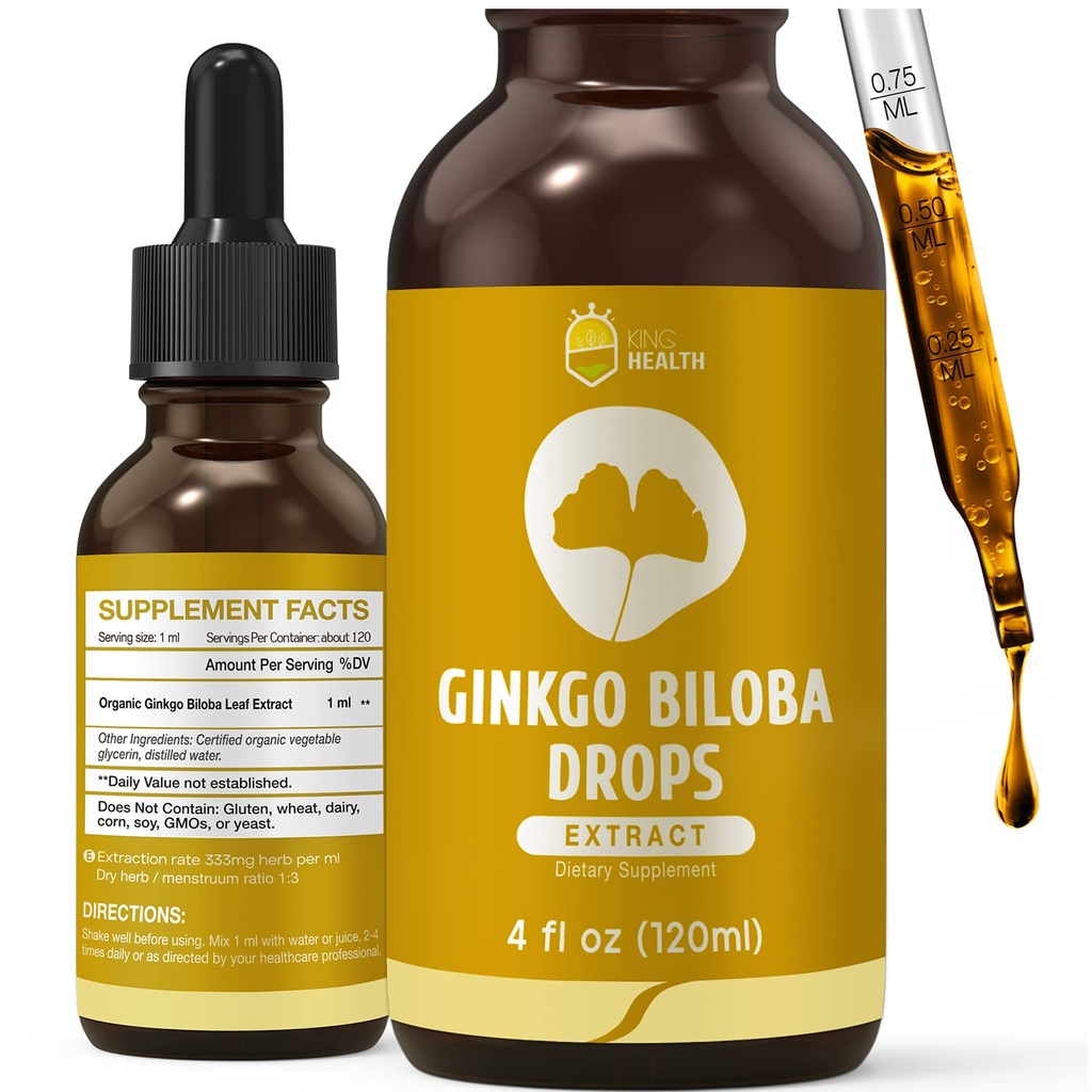 Organic Ginkgo Biloba Extract Liquid Supplements, Brain & Focus Support, 98% Absorption, Vegan, Non-GMO, Alcohol & Gluten Free - 4 Fl Oz