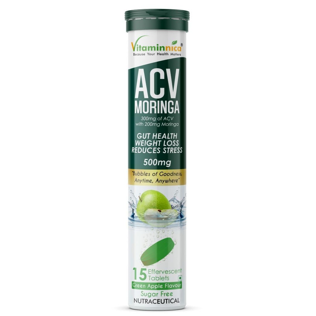 Vitaminnica ACV Moringa- 15 Effervescent Tablets | Apple Cider Vinegar + Moringa for Detox, Weight Management & Gut Health | Fast-Absorbing, Zero Sugar- Green Apple (Pack of 1)
