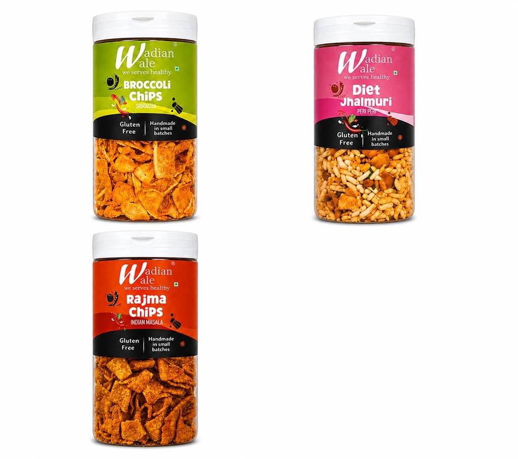 Wadianwale Healthy Diet Broccoli Sriracha Gluten Free Chips & Peri Peri Diet Jhalmuri, & Rajma Masala Gluten Free Chips (Pack of 3)