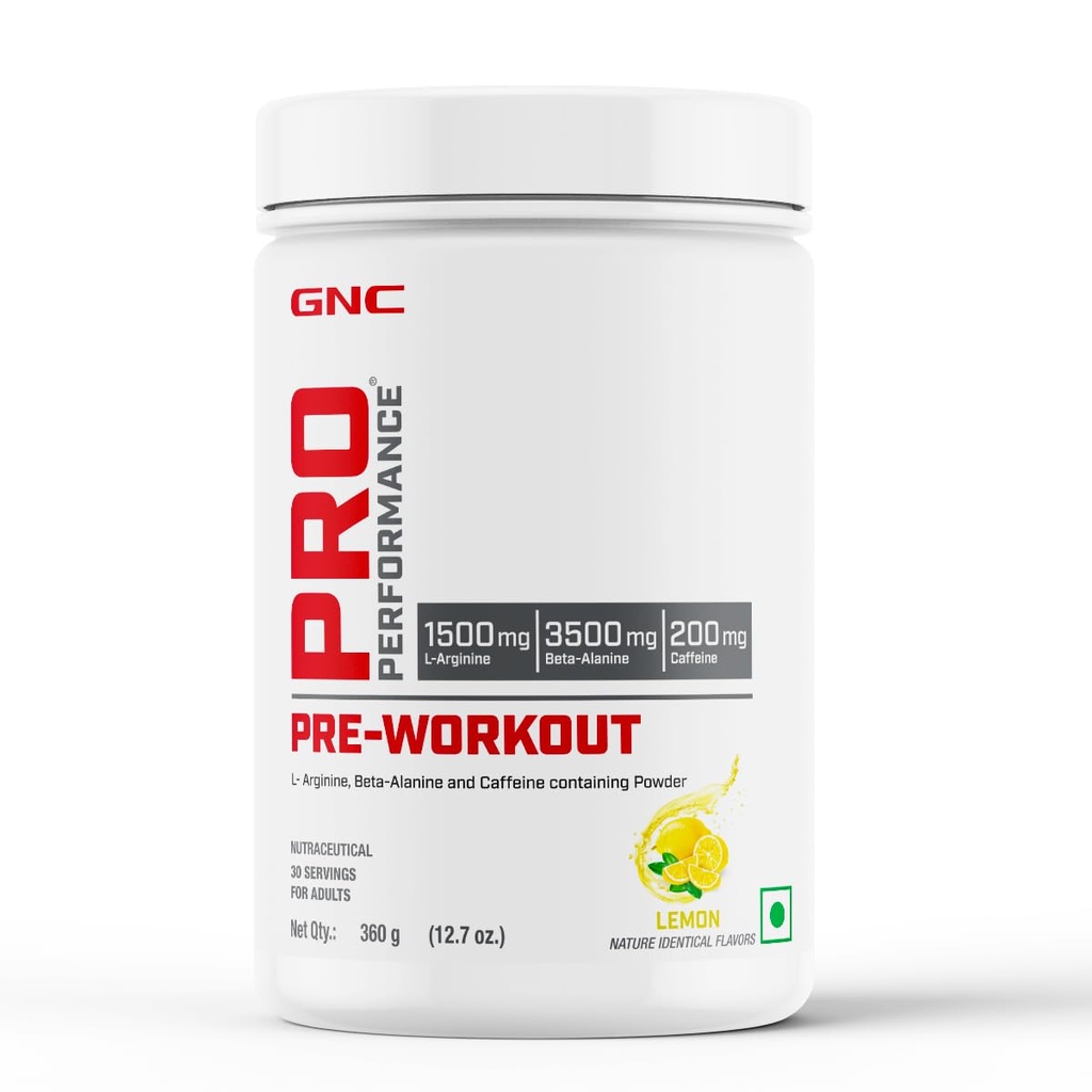 GNC Pro Performance Pre-Workout | 360 gm | 30 Servings | Boosts Pump & Energy | Speeds Up Recovery | 1500 mg L-Arginine | 3500 mg Beta-Alanine | 200 mg Caffeine | Lemon