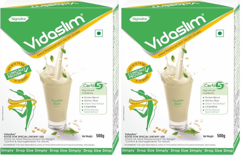 Vidaslim Meal Replacement Protein Health Shake For Weight Control & Weight Management For Women & Men|22.8 G Protein| L-Carnitine|Green Tea Extract| White Kidney Bean Extract|(500 G, Vanilla Elixir)