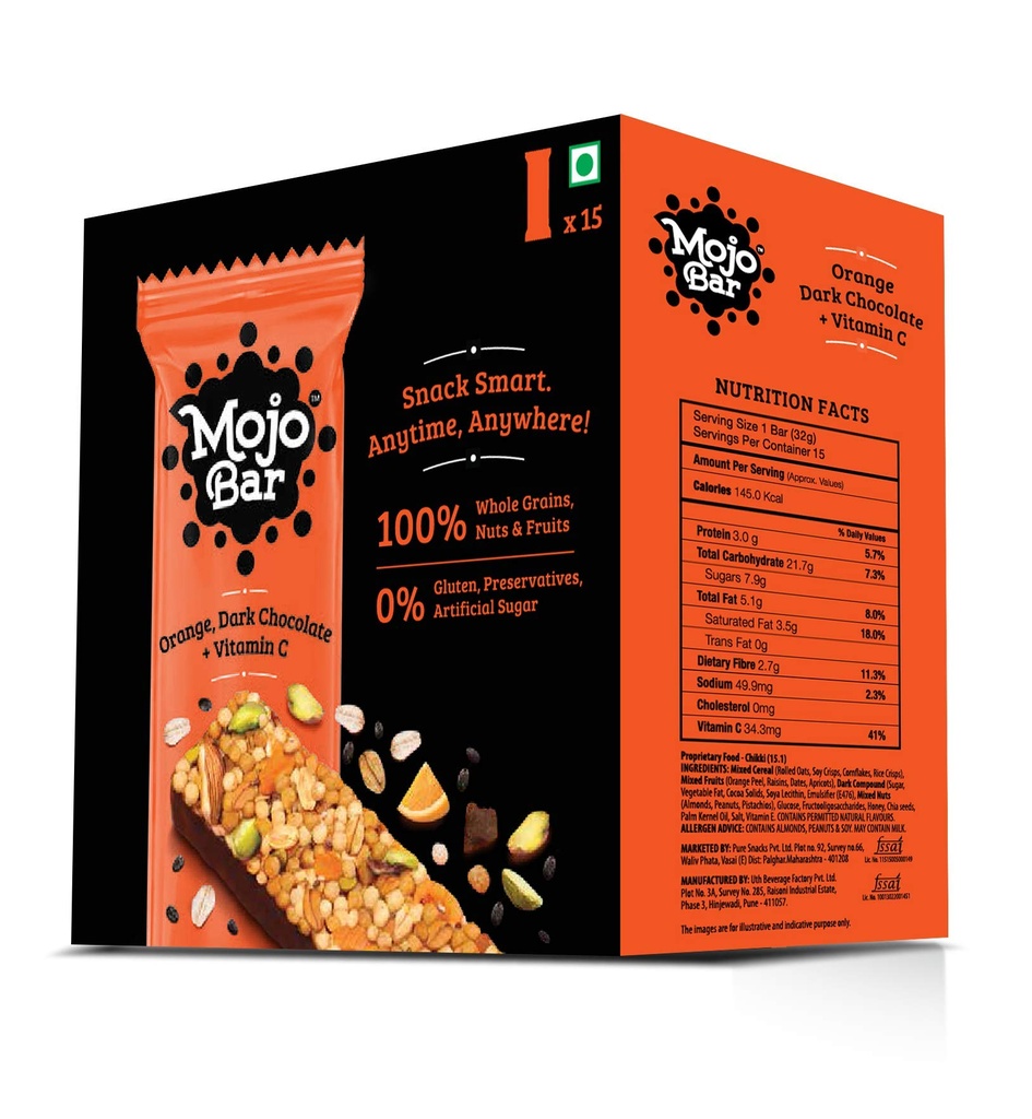 Mojo Bar Energy Bars Orange Dark Chocolate & Vitamin C | 100% Whole Grains, Nut & Fruit | High Energy & Granola Bars | Pack of 15 x 32g Energy Bars | Gluten Free & No Preservatives