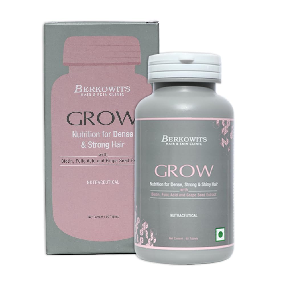 BERKOWITS Grow Nutrition For Dense & Strong Hair | Biotin, Folic Acid and Grape Seed Extract | For Both Male and Female (60 Tablet)
