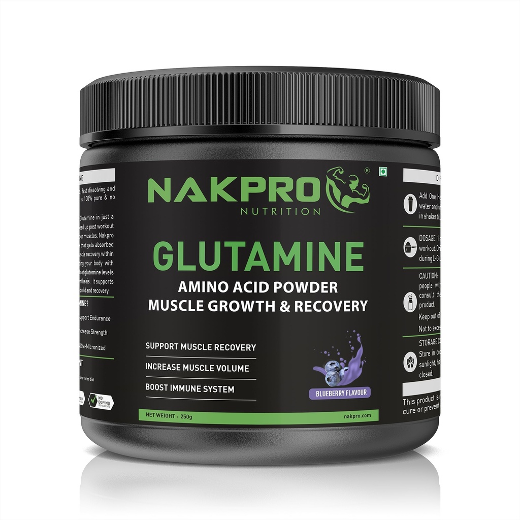 Nakpro L-Glutamine Powder - JAR | 4g Glutamine Per Serving, 50 Servings | Post Workout Amino Acid Protein Supplement for Muscle Growth and Recovery (Blueberry, 250g)